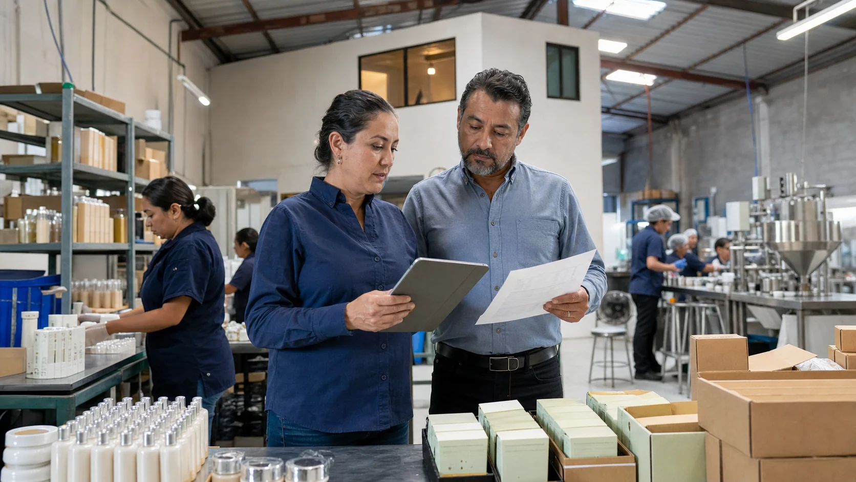 Empresarios mexicanos revisando la capacidad y los pedidos de una PyME de manufactura en crecimiento