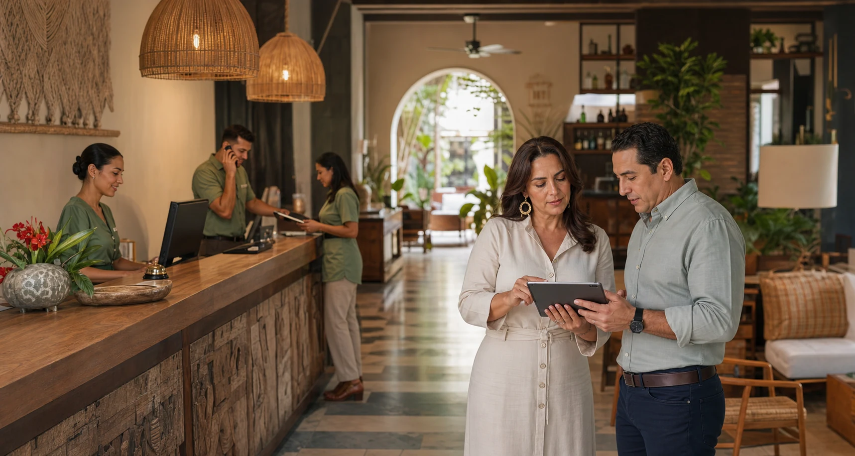 Dueña de un hotel mexicano revisando la operación con un responsable mientras el equipo trabaja con autonomía