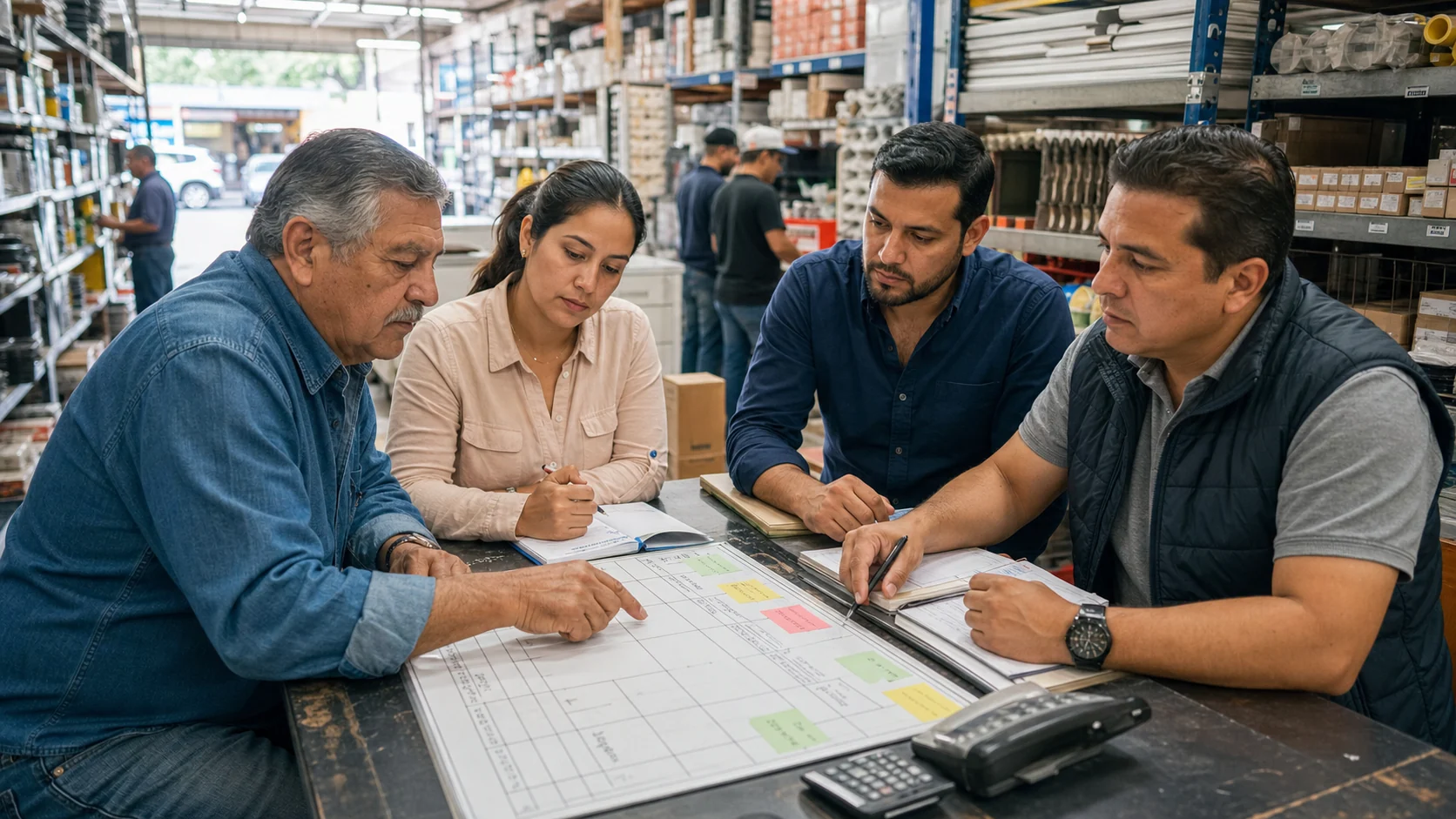 Familia empresaria mexicana coordinando la operación de una ferretería