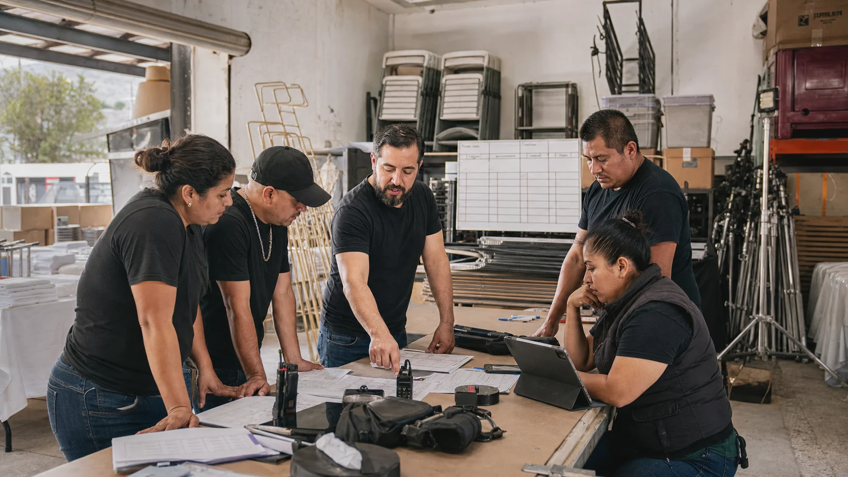 Equipo de una empresa mexicana de producción de eventos coordinando pedidos, equipo y responsables