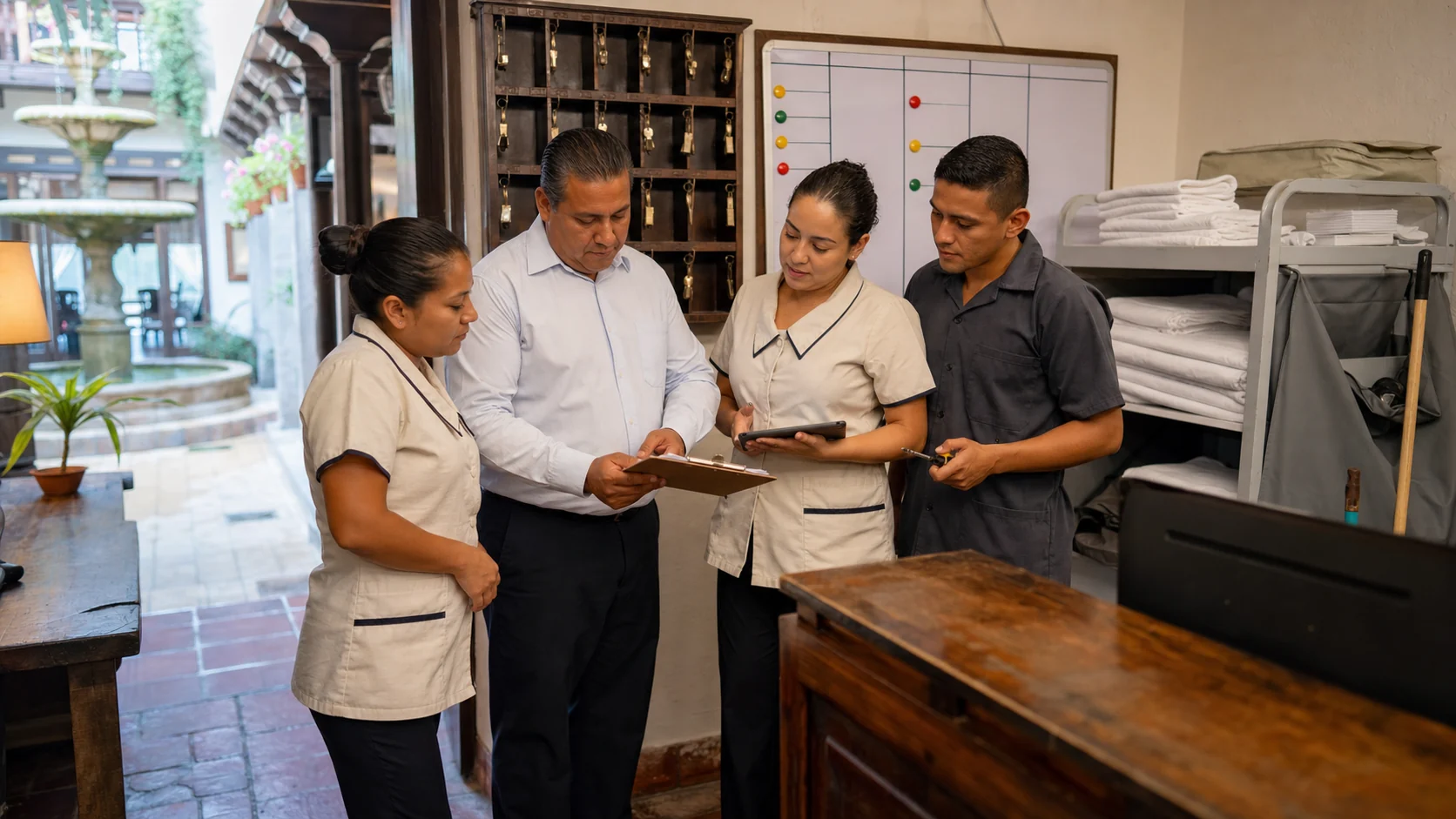 Equipo de un pequeño hotel mexicano coordinando recepción, limpieza y mantenimiento