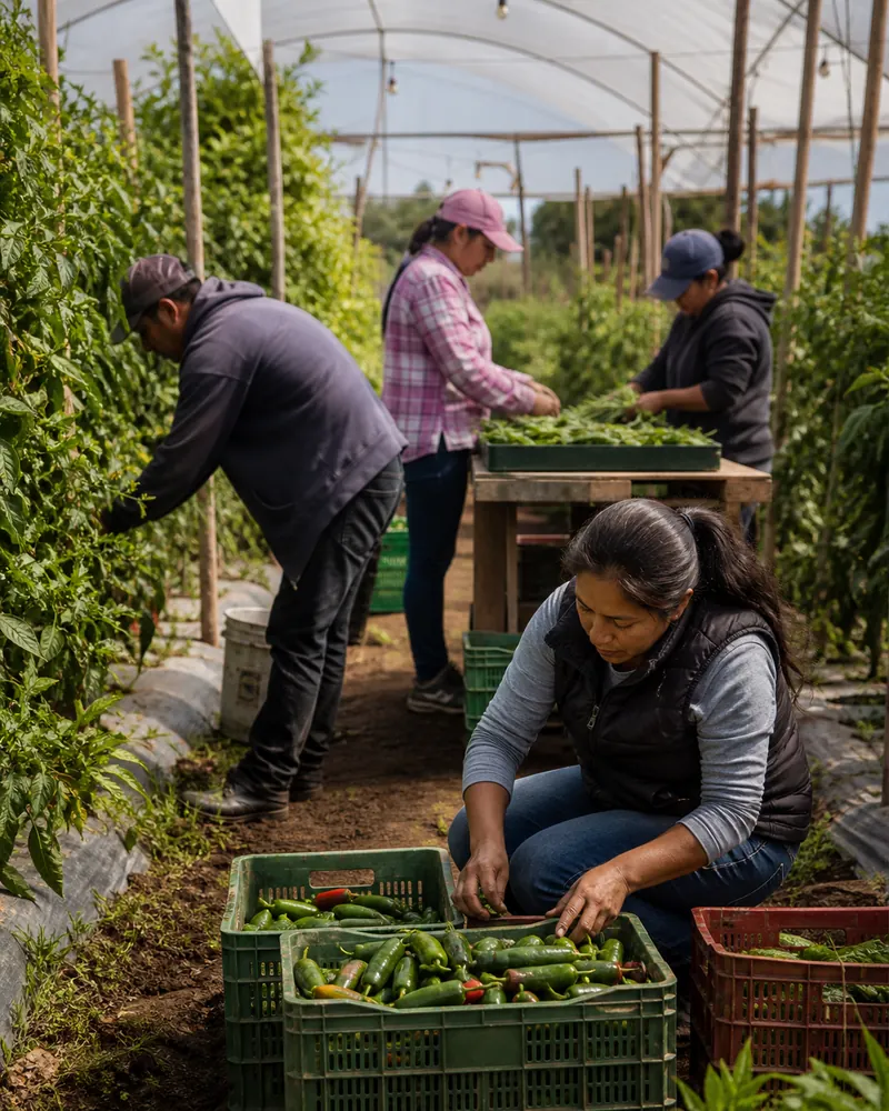 Productores agrícolas mexicanos cosechando y seleccionando alimentos.
