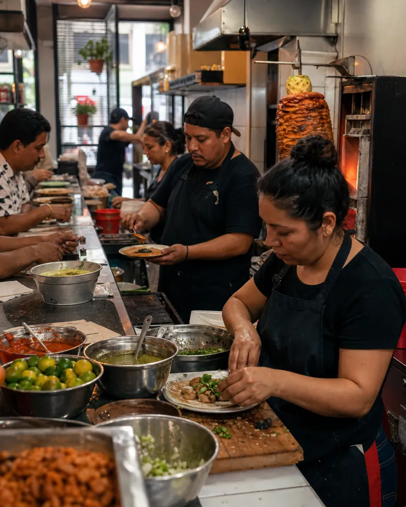 Equipo de un pequeño negocio mexicano de alimentos trabajando durante el servicio.
