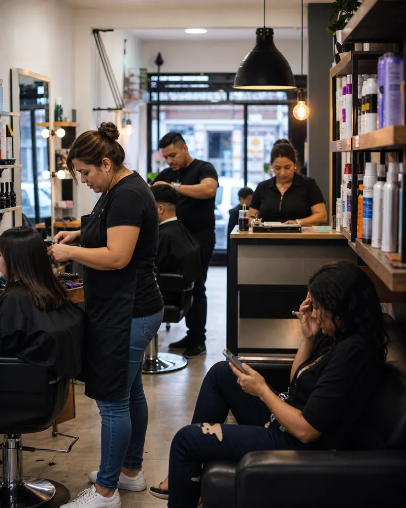 Equipo de un salón de belleza mexicano atendiendo a sus clientes.