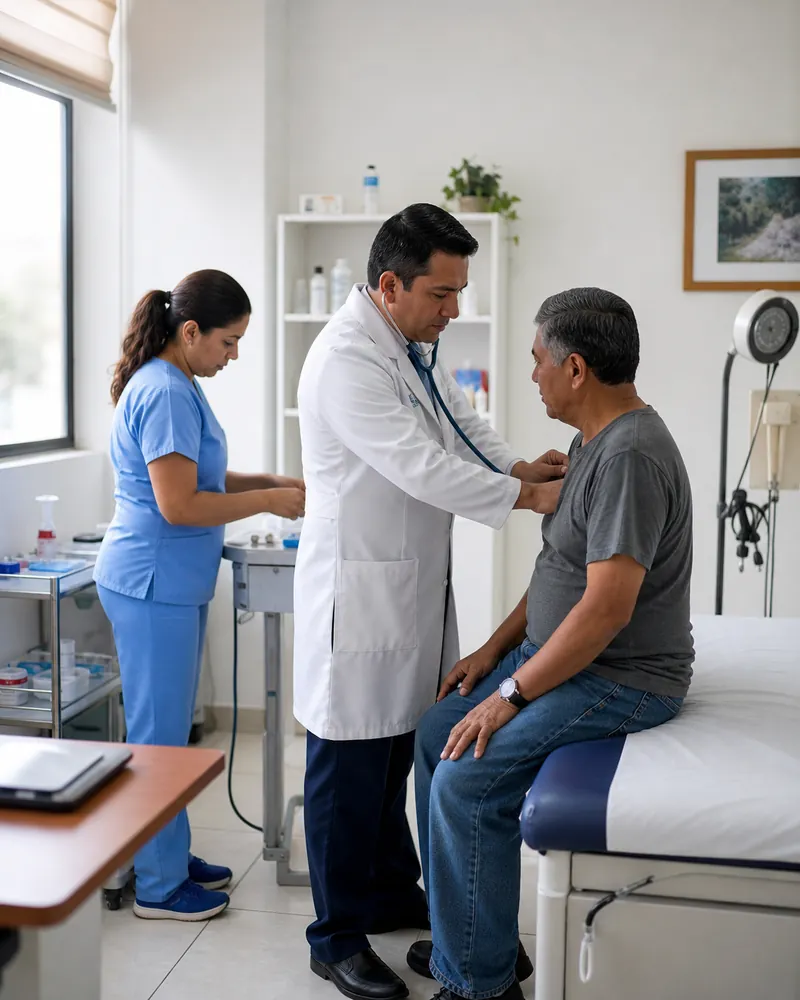 Equipo de un consultorio mexicano atendiendo a un paciente.