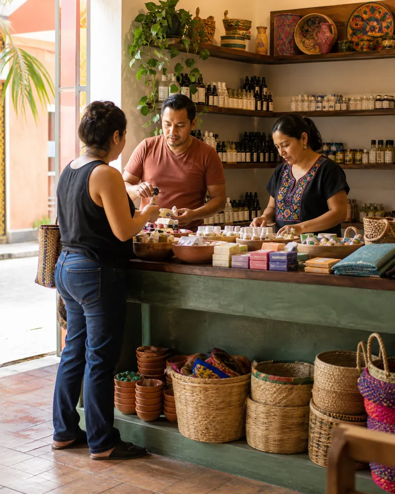 Propietarios de una pequeña tienda mexicana atendiendo a una clienta.