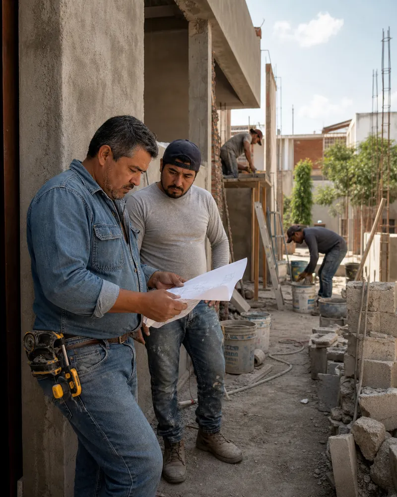 Contratista mexicano coordinando una obra de construcción.