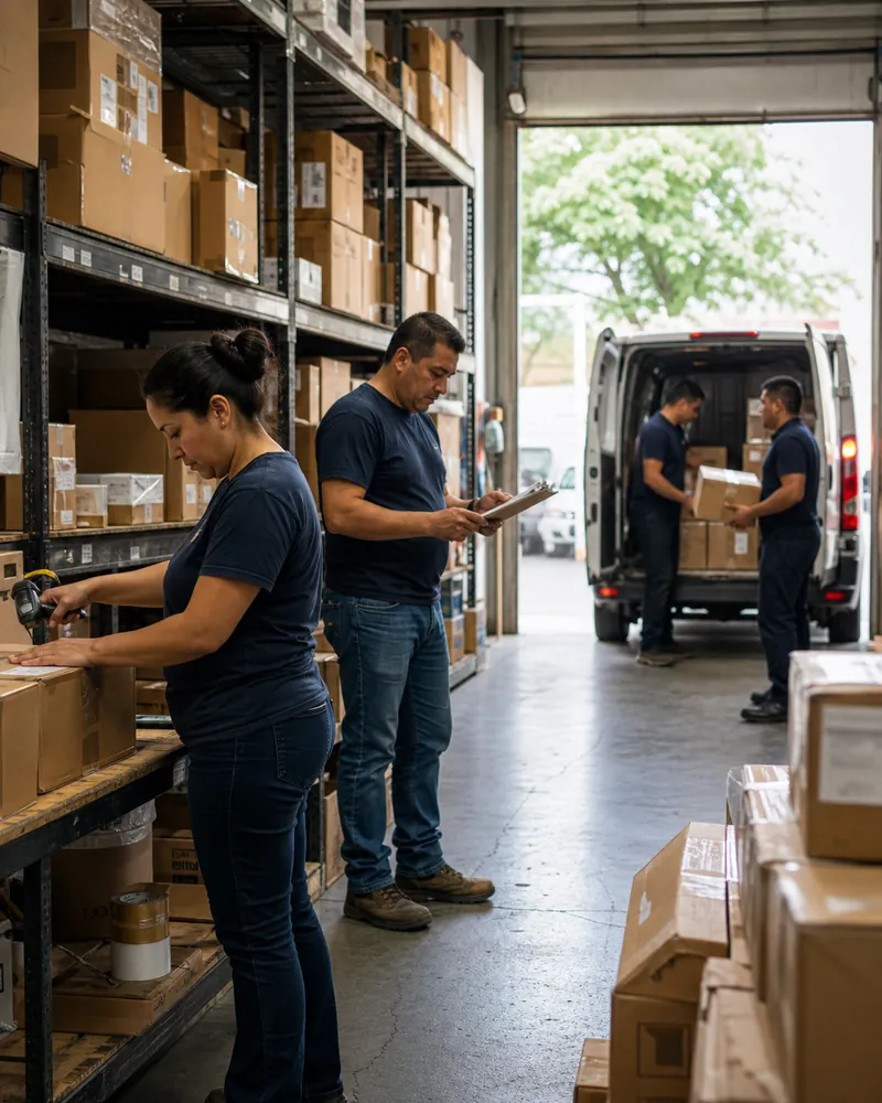 Equipo de una pequeña empresa mexicana preparando inventario y entregas.