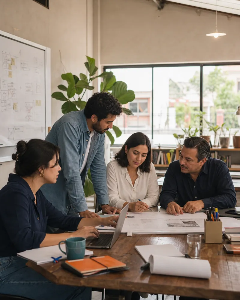 Equipo de una pequeña empresa mexicana de servicios revisando un proyecto.